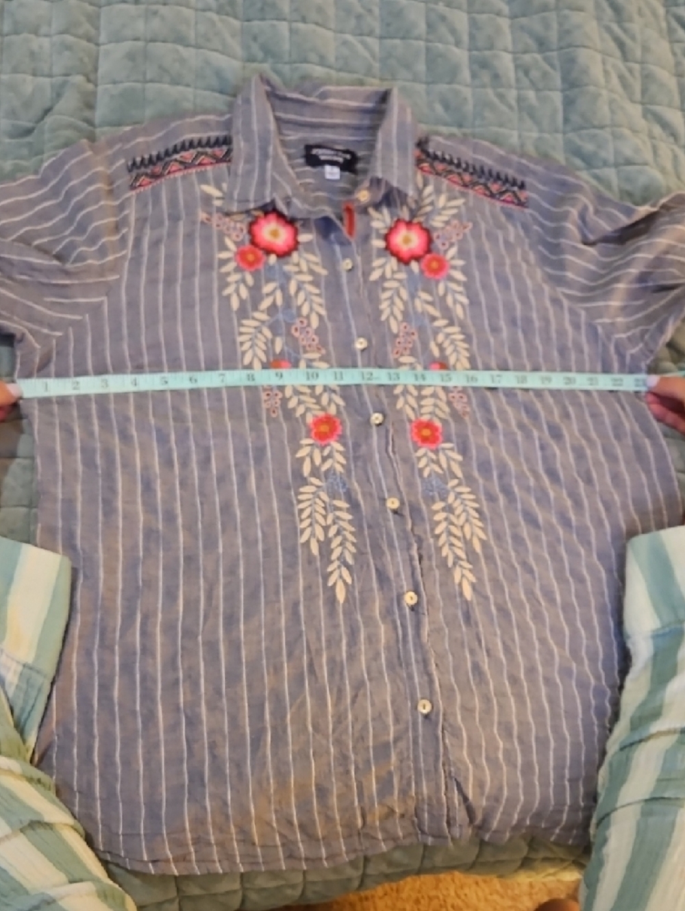 Johnny Was Blue Striped Button-Down Shirt with Pink Floral Embroidery - Picture 4 of 5